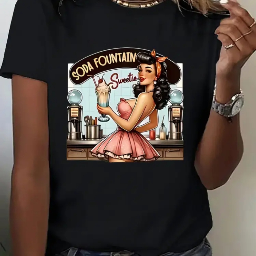 Black Graphic Tee with Retro Soda Fountain Design